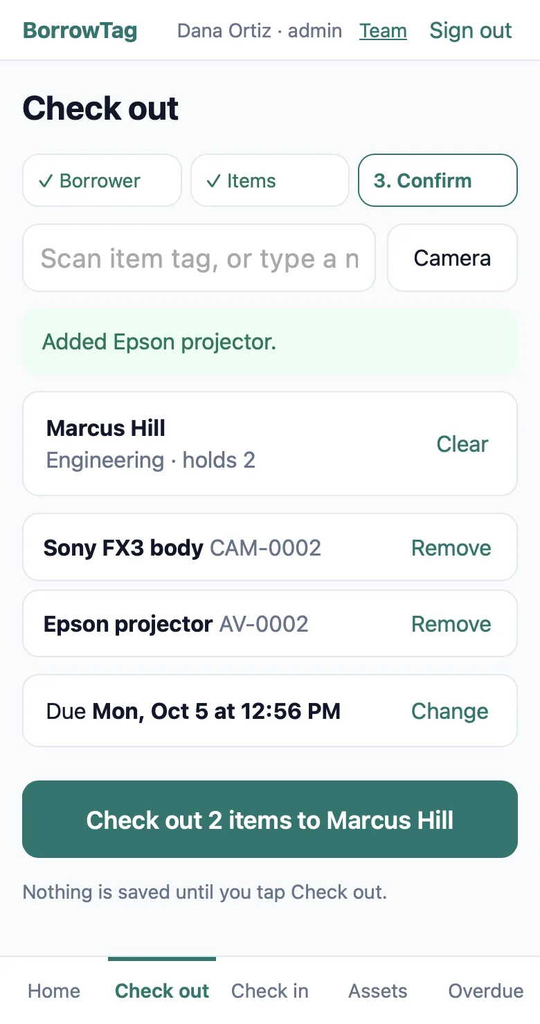 BorrowTag's check-out screen on a phone: Marcus Hill selected, a Sony FX3 body and an Epson projector scanned, due Monday, with a button to check out 2 items to Marcus Hill.